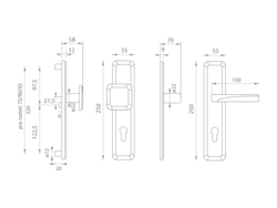 Kľučky na spevnených hranatých štítoch bez prekrytia vložky Strieborný Mariani