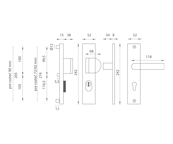 Kľučka na dvere AXA - ATLAS PLUS - SH  PZ PLUS s otvorom pre vložku|90 mm|kľučka/kľučka