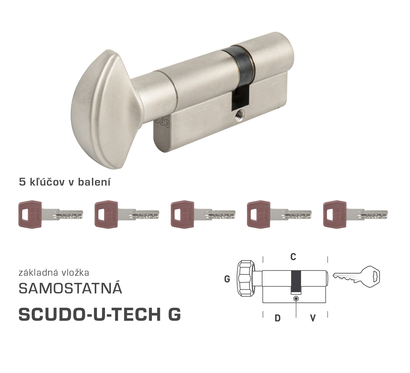 AGB - Vložka U-TECH S G obojstranná cylindrická vložka 35+30 mm + 5x kľúč Nikel matný