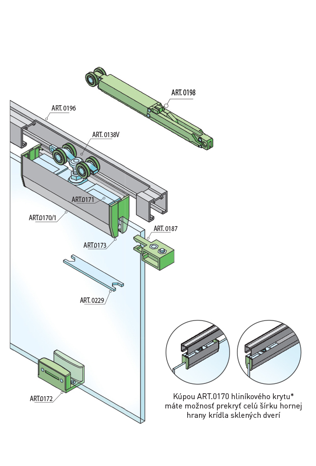 SISCO SISTEM | SC – posuvný systém 100 SILENT GLASS S pre jednokrídlové dvere 1D 2000/100 SP | Hliník