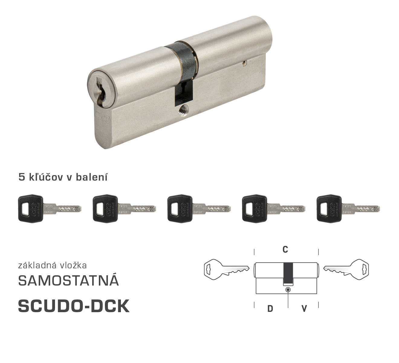 AGB - Vložka SCUDO DCK S obojstranná cylindrická vložka 30+40 mm + 5x kľúč Nikel matný