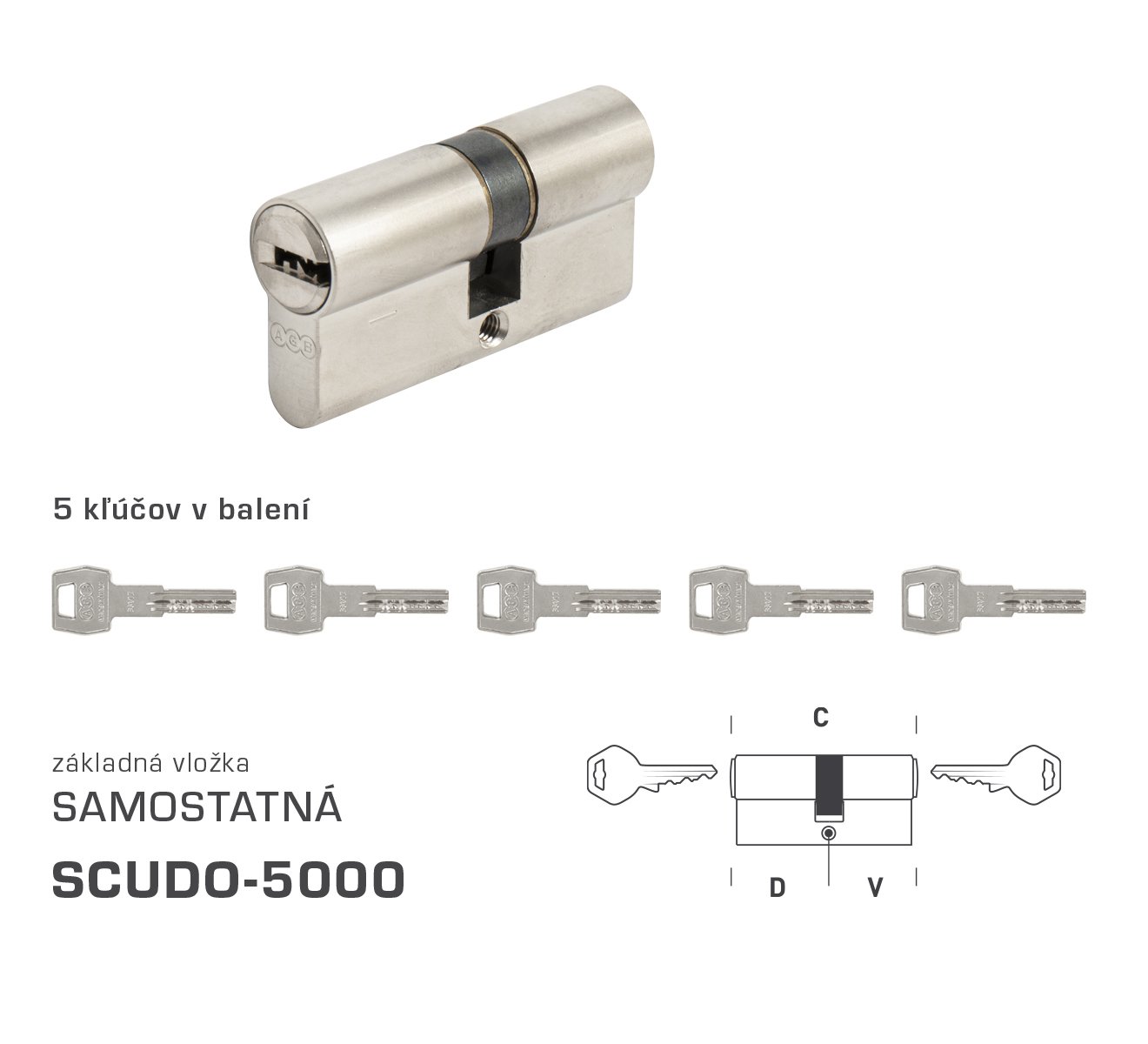 AGB - Vložka SCUDO 5000 S obojstranná cylindrická vložka 30+30 mm + 5x kľúč Nikel matný