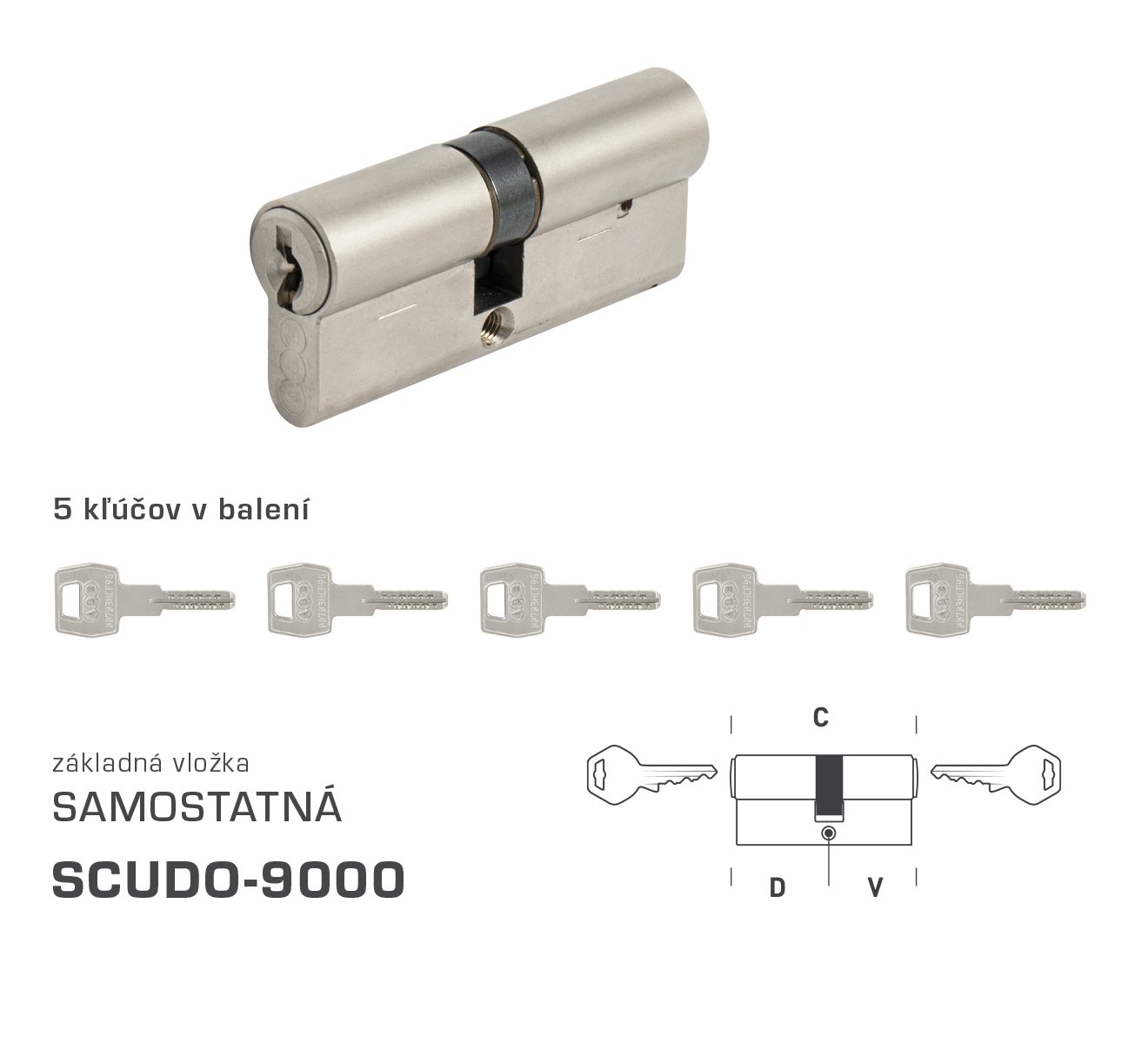 AGB - Vložka SCUDO 9000 S obojstranná cylindrická vložka 30+40 mm + 5x kľúč Nikel matný