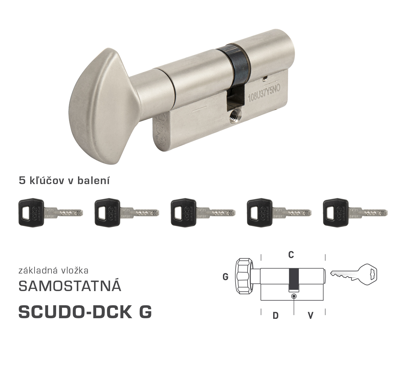 AGB - Vložka SCUDO DCK S G obojstranná cylindrická vložka 35+30 mm + 5x kľúč Nikel matný