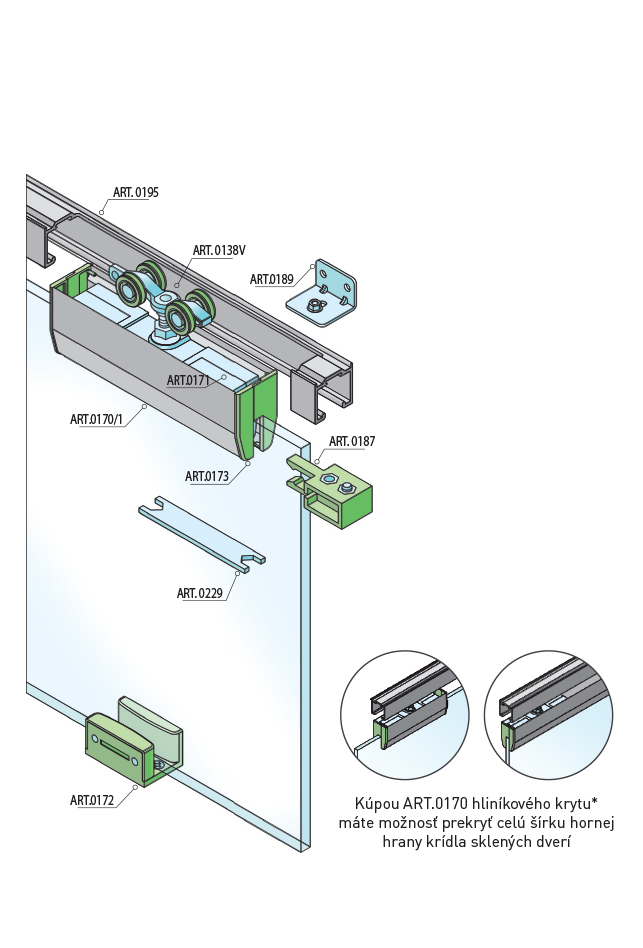 SISCO SISTEM | SC – posuvný systém 100 SILENT GLASS pre jednokrídlové dvere 1D 2000/80 | Hliník