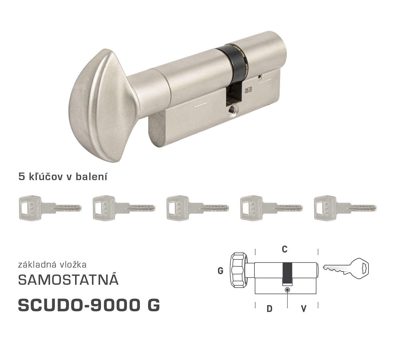 AGB - Vložka SCUDO 9000 S G obojstranná cylindrická vložka 35+30 mm + 5x kľúč Nikel matný